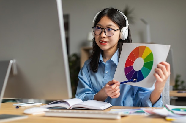 Mulher coreana chamada de vídeo mostrando paleta de cores para computador interno