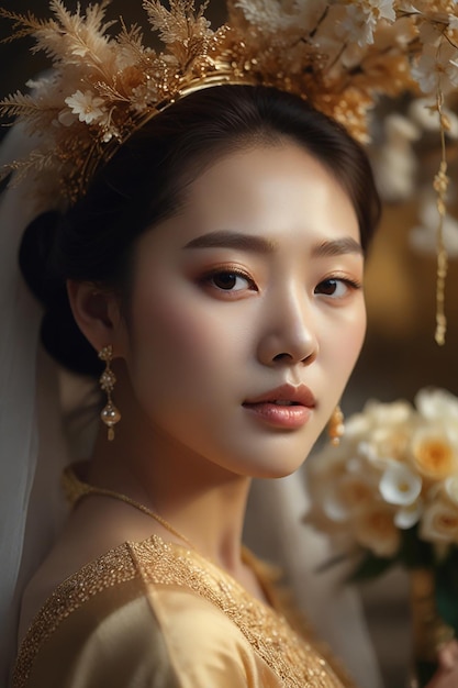 Mulher coreana com um chapéu de ouro e uma flor de ouro no cabelo