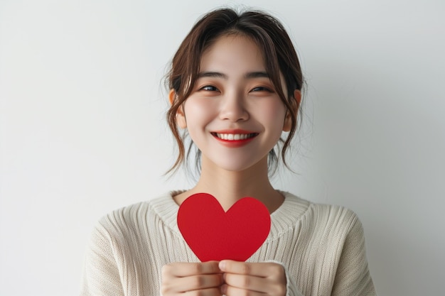 Mulher coreana feliz segurando um coração de papel vermelho em fundo branco