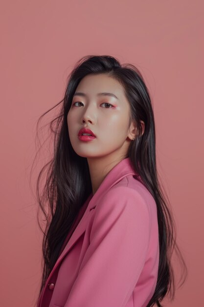 Mulher coreana glamourosa com cabelos pretos longos em camisa rosa AI geradora