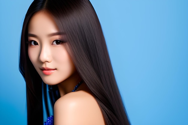 Mulher coreana jovem e bonita de cabelo comprido com estilo de maquiagem coreano pele limpa perfeita