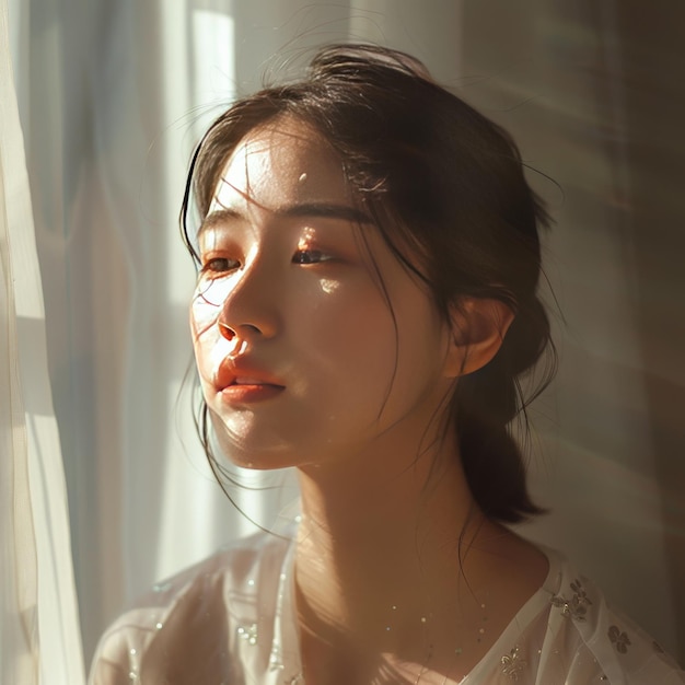 Mulher coreana olhando com a luz do sol na pele