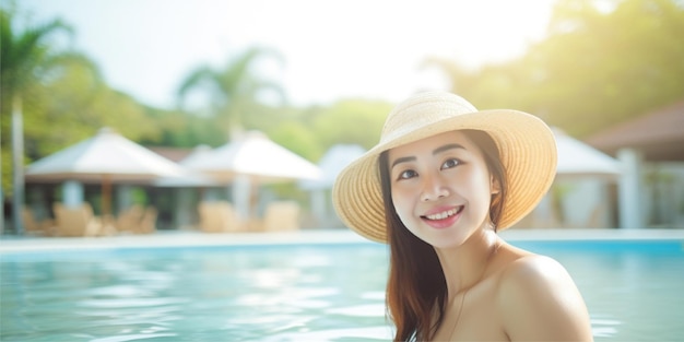 mulher coreana sorrindo na piscina