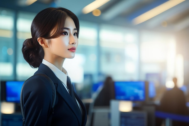 Mulher coreana trabalhando como comissária de bordo no fundo do aeroporto