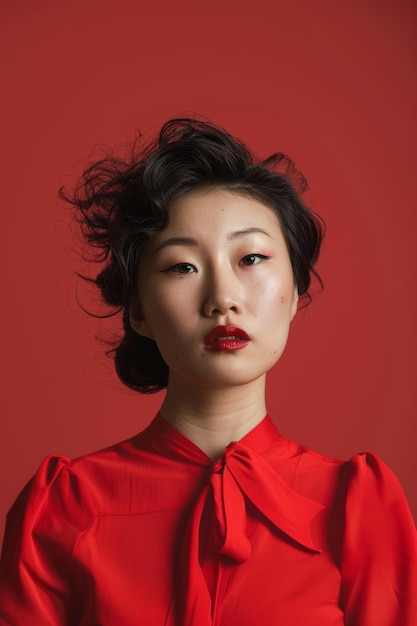 Mulher coreana vestindo camisa vermelha e batom AI generativa
