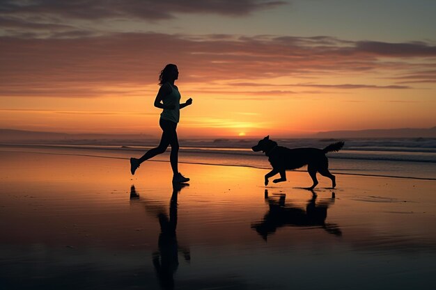 Mulher correndo na praia à noite com cachorro Gerado ai