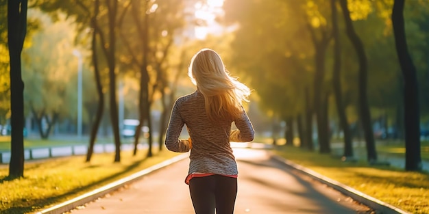 Mulher correndo no parque com árvores verdes em um belo dia de verão conceito de fitness esportivo IA geradora