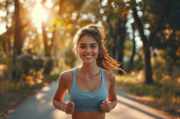 Foto mulher correndo no parque de verão ativa esportiva caucasiana mulher treino matinal