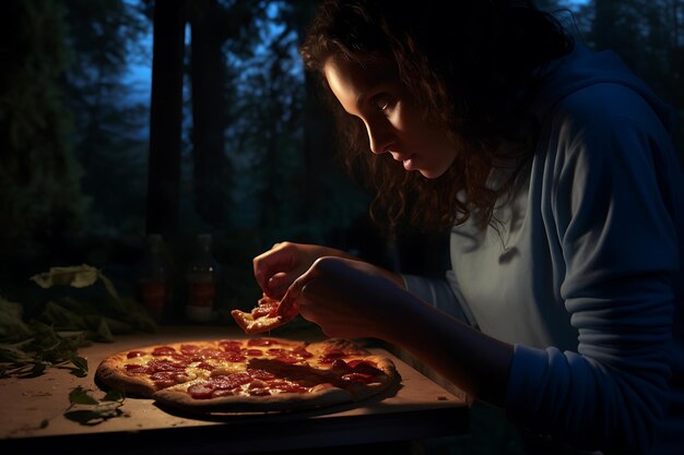 Mulher corta árvores de pizza