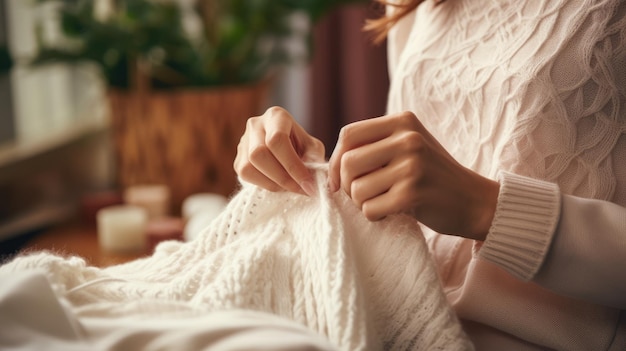 Mulher costura sua camisola branca enquanto está sentada no sofá em casa