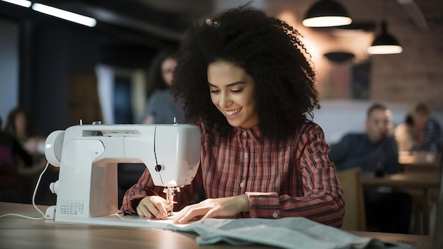 Foto mulher costurando em uma máquina de costura