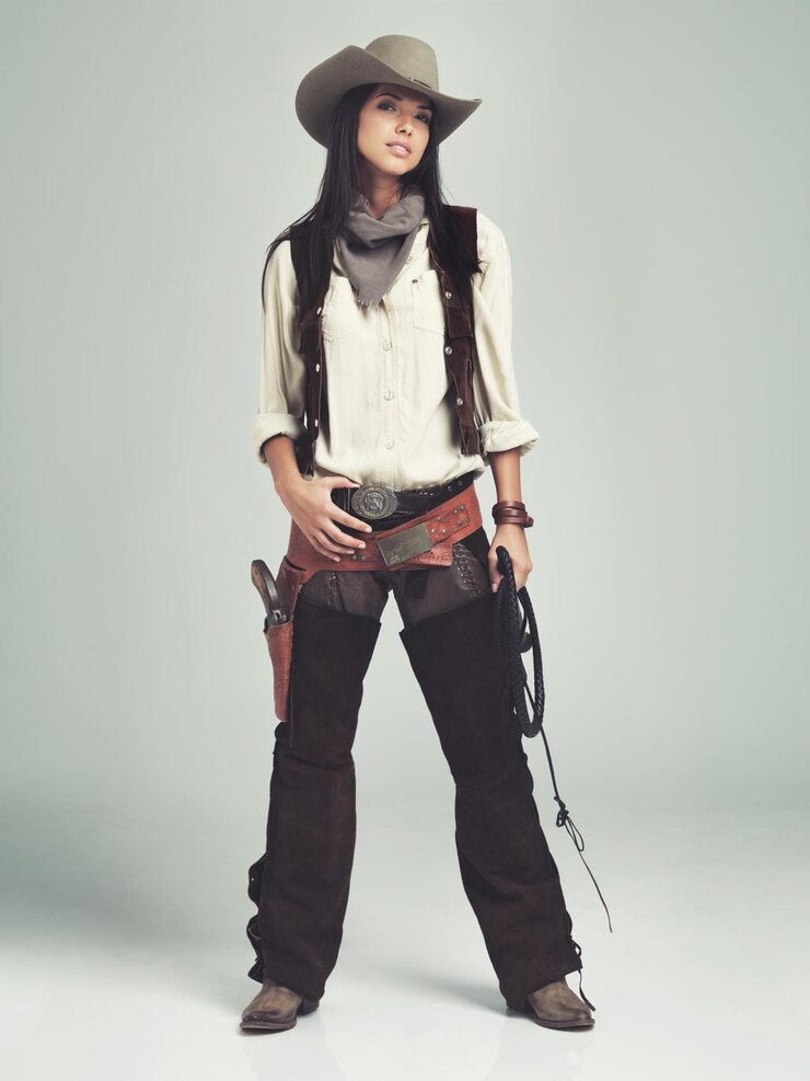 Foto mulher cowgirl e roupa em estúdio retrato e traje para casting ocidental com corda ou chicote pessoa feminina chapéu de cowboy e roupas do texas fundo branco e vestir-se para audição ou anúncio