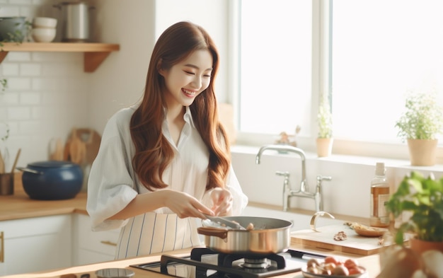 Mulher cozinhando em uma cozinha