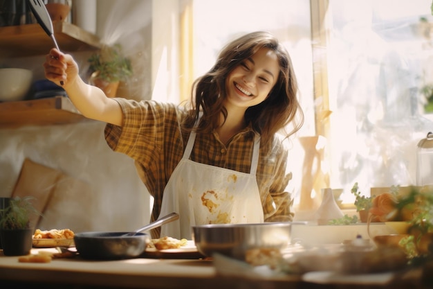 Mulher cozinhando na cozinha AI gerativa