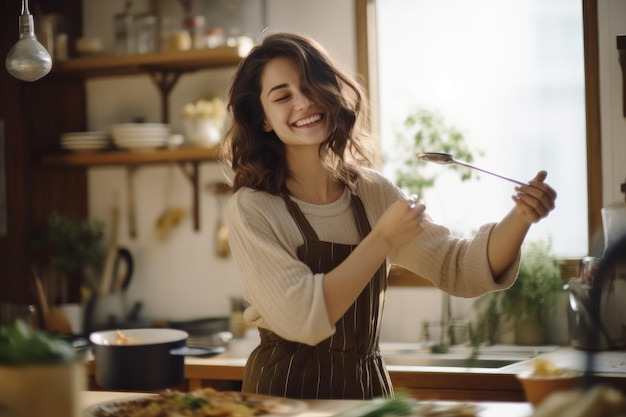 Foto mulher cozinhando na cozinha ai gerativa