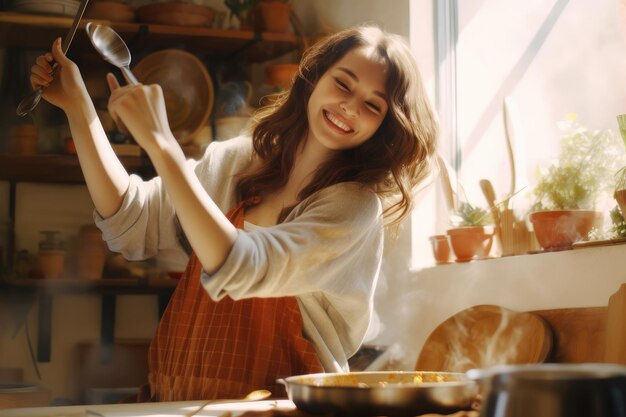 Foto mulher cozinhando na cozinha ai gerativa