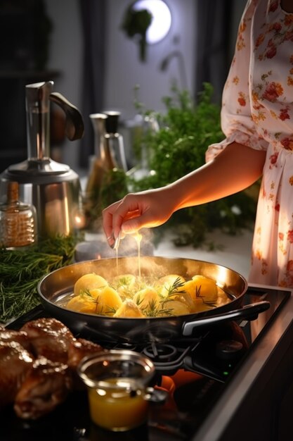 Foto mulher cozinhando na cozinha ia generativa