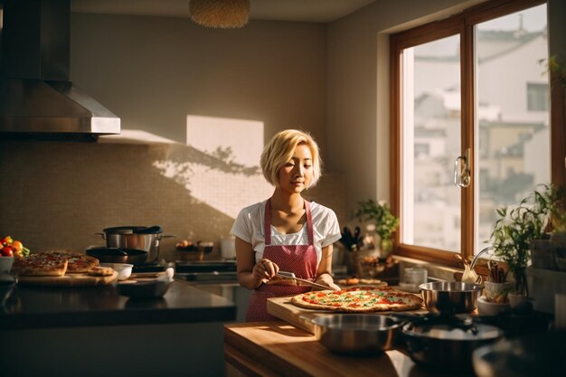 Mulher cozinhando pizza na cozinha doméstica com utensílios de cozinha