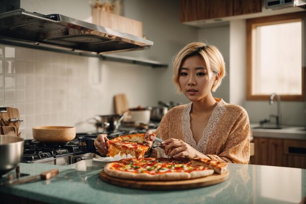 Foto mulher cozinhando pizza na cozinha doméstica com utensílios de cozinha