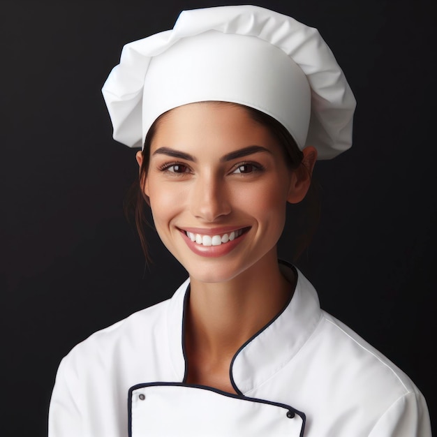 Mulher cozinheira de restaurante sorrindo em fundo preto ai generativa