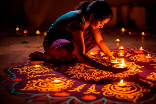 mulher criando intrincados padrões de rangoli no chão criatividade de Diwali