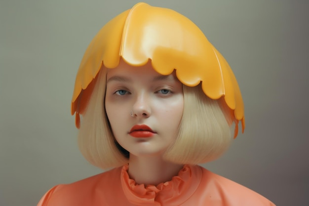 Foto mulher criativa beleza tendência retrato moda chapéu colorido arte látex óculos generative ai