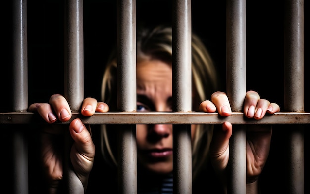 Foto mulher criminosa atrás das grades da prisão olhando para a câmera infratora criminosa trancada na prisão