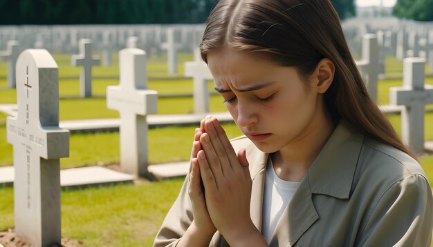 Foto mulher cristã religiosa aperta as mãos enquanto honra e reza aos militares no cemitério de guerra