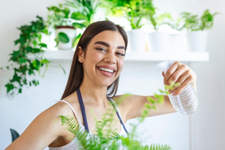 Foto mulher cuida de suas plantas em casa e as rega com uma garrafa de plástico
