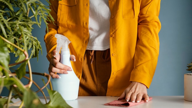 Foto mulher cuidando bem das plantas da casa