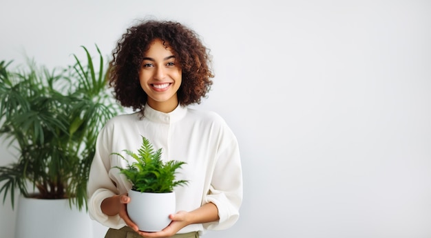 Foto mulher cuidando de plantas de casa e segurando um pote de plantas de casa formato de bandeira de jardinagem doméstica