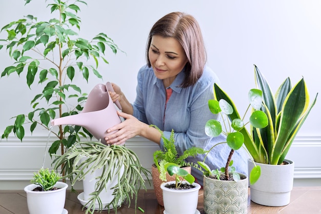 Mulher cuidando de plantas de casa em vasos regando plantas de regador