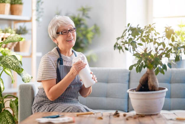 Mulher cuidando de plantas em casa na primavera