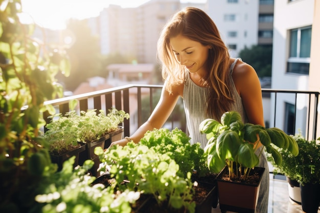 Mulher cuidando de seu jardim de varanda com ervas frescas