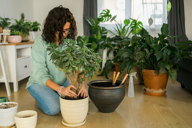 Mulher cultiva vasos de plantas em casa, rega e cuida de flores, jardinagem e conceito de cuidado de plantas domésticas