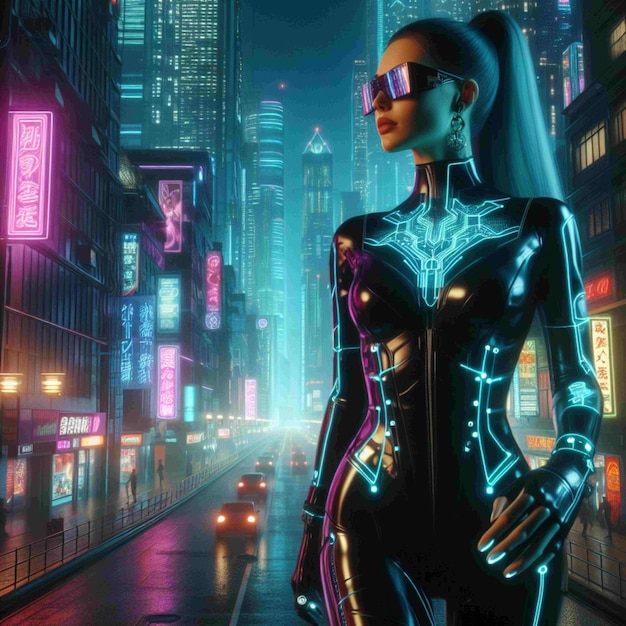 Mulher cyberpunk da cidade de néon