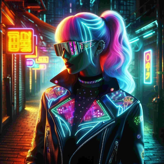 Foto mulher cyberpunk da cidade de néon