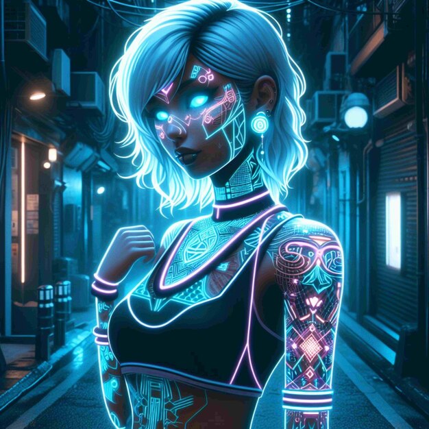 Mulher cyberpunk da cidade de néon