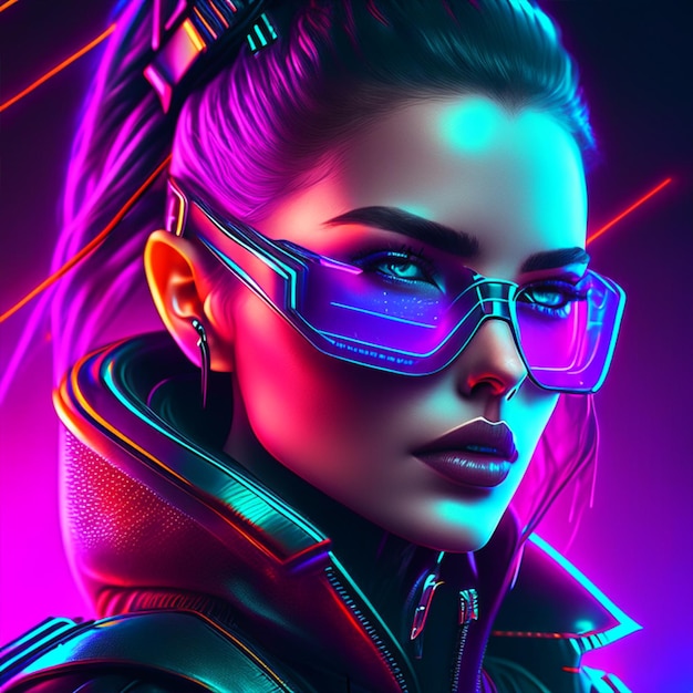 mulher cyberpunk fecha retrato estilo neon futurista