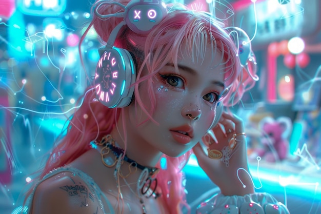 Mulher Cyberpunk futurista com luzes de néon e fones de ouvido na cena noturna urbana