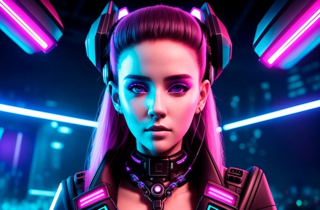 Mulher cyberpunk Mulher cibernética com tecnologias inovadoras Generative AI