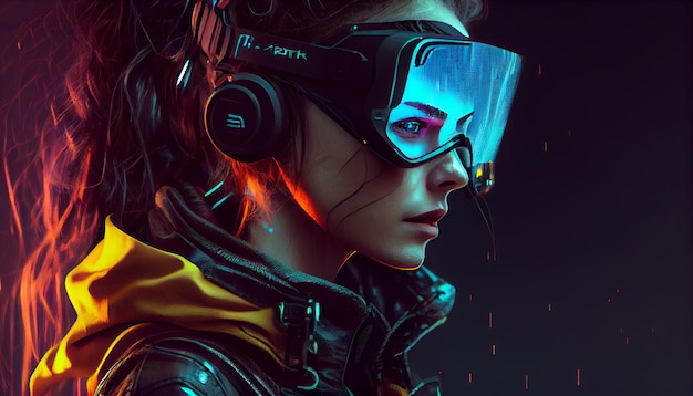 Mulher Cyberpunk usando fone de ouvido VR neon cyberpunk