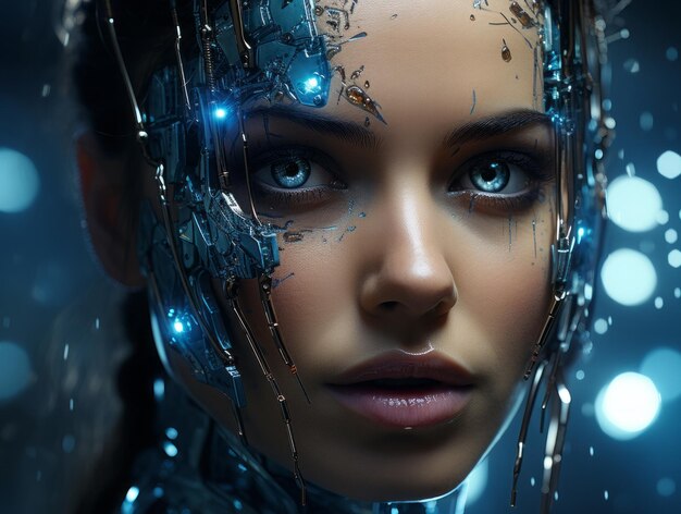 Foto mulher cyborg. contra o fundo da cidade noturna. fantástico. ai gerado