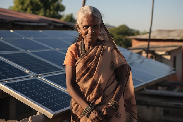 Mulher da aldeia indiana em pé contra o conceito de geração de energia verde do painel solar