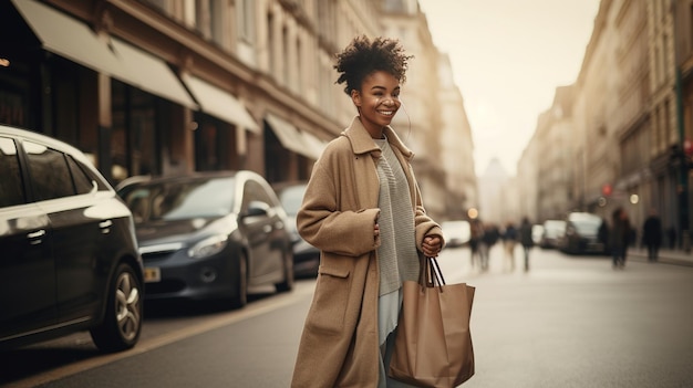 Mulher da moda com sacolas de compras andando na rua Generative ai