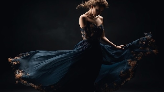 Mulher da moda e vestido elegante voando e beleza de estilo em fundo escuro
