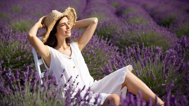 Foto mulher da provença relaxando em um campo de lavanda, senhora de vestido branco, menina com um chapéu de palha.