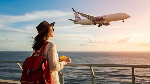 Mulher da Ásia viajando férias de relaxamento e olhando para o avião voando sobre o mar
