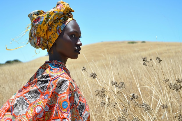 mulher da tribo africana vestindo vestido tradicional com a vista do campo de grama