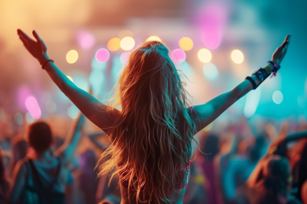 Mulher dança energicamente em celebração de festival de música vibrante com alegria contagiosa